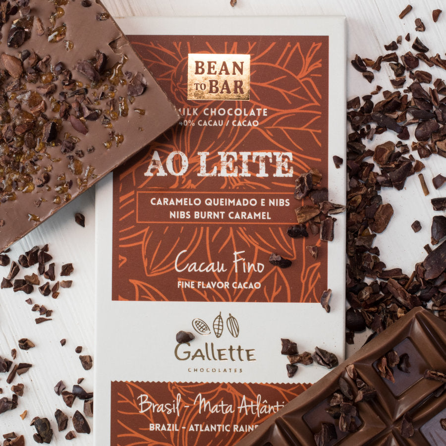 Milk Chocolate bar with Burnt caramel nibs at 40% Cacao